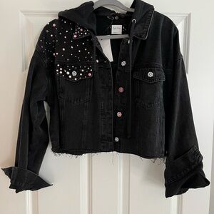 Black Cropped Jean Jacket with Embellishments